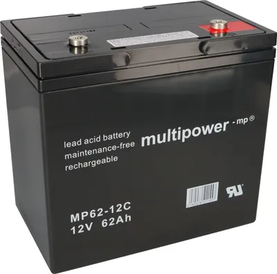 A black lead-acid battery with white text and logos on a white background.
