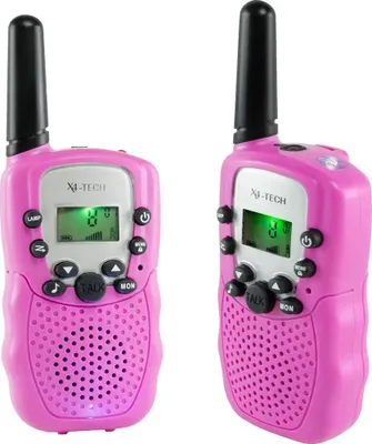 Two pink walkie-talkies are shown against a white background.