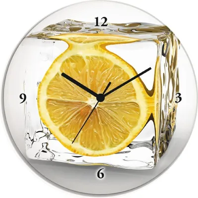 A clock face with a slice of lemon frozen in an ice cube.