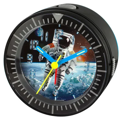 Produktbild von Kinder Wecker Astronaut Analog Schwarz, LED-Beleuchtung weiß, Snooze, AA-Batterie inkl., Kunststoffgehäuse, 96 x 75 mm