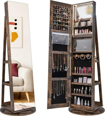 Produktbild von GOPLUS Schmuckschrank mit Ganzkörperspiegel, 360° drehbarer Spiegelschrank mit 3-farbigem LED-Licht, Schmuckaufbewahrung (Rustikales Braun)