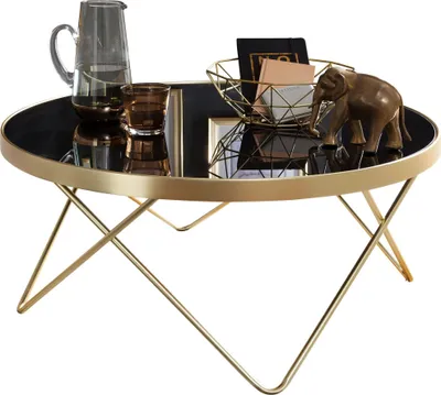 Produktbild von WOHNLING Couchtisch Schwarz/matt Gold Tisch mit Glasplatte Wohnzimmertisch Ø82cm