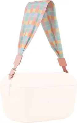 A product shot of a white bag with a colorful checkered strap.