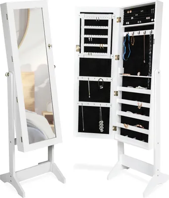 A white jewelry cabinet with a full-length mirror is shown open, displaying its interior storage compartments filled with jewelry.