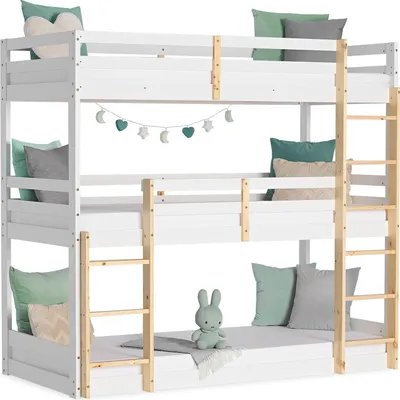 Image de Lit Superposé 90x200 Lit d'Enfant Blanc 3 Places avec Sommier à lattes Lit Triple en Bois Naturelle Lit Mezzanine Lit Hauteur