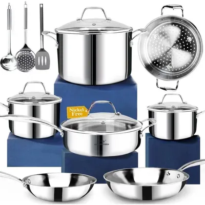 Produktbild von 14-teiliges Kochgeschirr-Set aus em Edelstahl, 3-lagig, Induktion, mit Dampfgarer