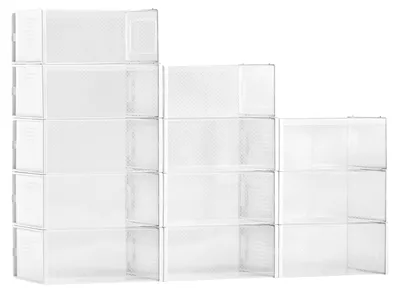 Productafbeelding van VEVOR schoenenopslagboxen, stapelbare schoenenboxen (12 stuks), geschikt tot maat US 11, modulaire schoenenorganizer van kunststof voor het opbergen van pumps, laarzen en hoeden, witte frame