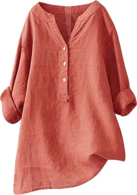 Image de ASKSA Femme Coton Lin Chemisier Unicolore Manches Longues Chemise Décontractée Boutons Enrouleurs Tops, Orange, Taille : 5XL