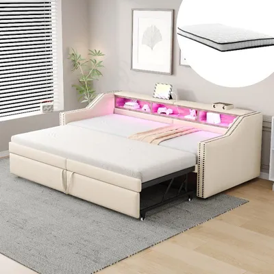 Obrázek produktu pro Rozkládací pohovka 90/180x200 cm, béžová čalouněná postel s LED osvětlením, USB porty, 3 úložnými prostory, rošt, 2 pružinové matrace a opěrka zad