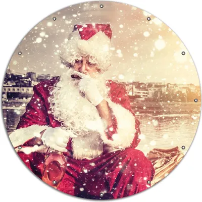 Produktbild von Wallario rundes Outdoor-Poster für Garten oder Balkon, Motiv Christmas-Party - Weihnachtsmann mit Schnaps und Zigarre, 120 cm Durchmesser