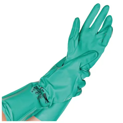 Zdjęcie produktu dla 12x Hygostar 2661 Chemikalienschutzhandschuhe Professional grün Gr. 9/L Nitril beflockt Länge 34 cm