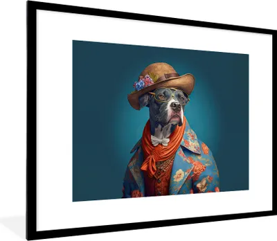 Produktbild von MuchoWow® Gerahmtes Poster Hund - Jacke - Blumen - Hut - Blau 80x60 cm - Poster mit Schwarzem Bilderrahmen Wandposter Rahmen Foto Bilder - Schlafzimmer-Dekorationen - Fotoposter