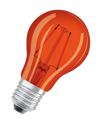 A close-up studio shot of an orange light bulb.