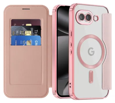 Obrázek produktu pro Pouzdro pro Google Pixel 10A kompatibilní s MagSafe, průhledné pouzdro s držákem karet, kožené pouzdro s ochranou kamery Růžový