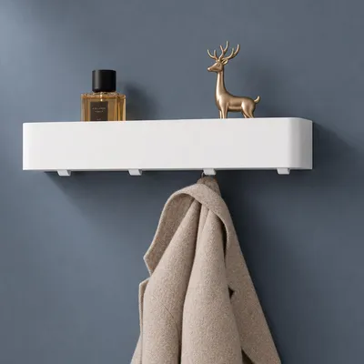 Produktbild von doporro Wandgarderobe mit Ablage, Garderobenleiste 40 cm mit 4 Garderobenhaken, Kleiderhaken Wand ohne Bohren Weiß Reglo-05