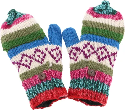 Produktbild von Handgestrickte Handschuhe, Klapphandschuhe Nepal, Wollhandschuhe - Blau/bunt, Uni, Mehrfarbig, Wolle, Handschuhe & Handstulpen
