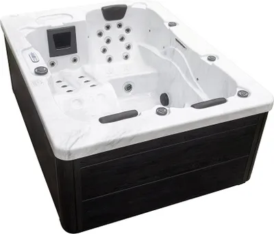 Produktbild von HOME DELUXE - Outdoor Whirlpool - White Marble Plus Treppe und Thermoabdeckung - Maße 210 x 160 x 85 cm - Inkl. Heizung, 27 Massagedüsen und 9 Lichtquellen I Außen Whirlpool Spa für 3 Personen
