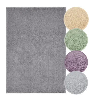 Weicher Hochflor Teppich in Anthrazit mit Farbmustern in Grau, Lavendel, Creme, Salbei