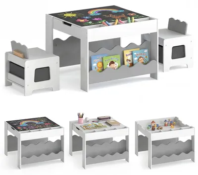 Image de Table pour enfants COSTWAY avec 2 chaises, ensemble de sièges pour enfants, table de dessin pour enfants avec plateau, étagère et tiroirs en tissu, table de bricolage pour enfants à partir de 3 ans