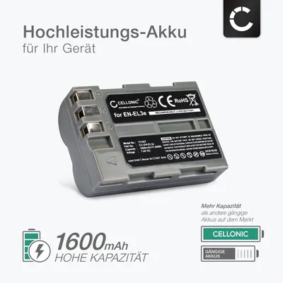 Produktbild von CELLONIC 1x Akku für Kamera Kompatibel mit Nikon D700, D90, D200, EN-EL3e - (1600mAh, 7.4V)
