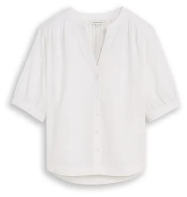 Produktbild von Tom Tailor Bluse aus Baumwolle mit V-Ausschnitt, Knopfleiste und Raffungen an Schultern und Ärmeln, leicht strukturiert