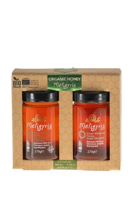 Zdjęcie produktu dla Meligyris Miód 2×270 g z Krety Zestaw Dziki tymianek górski i szałwia Ekologiczny Naturalny