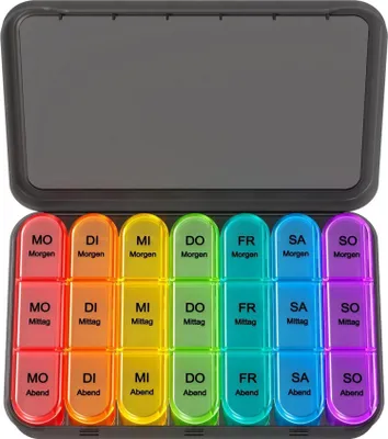 Immagine prodotto di Scatola per compresse 7 giorni piccola scatola per medicinali 3 scomparti - Colorata e resistente all'umidità