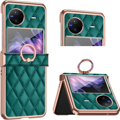 Image de Etui pour Vivo X Flip Etui de luxe en cuir galvanisé avec support d'anneau et protection de charnière vert