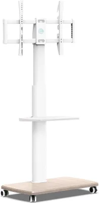 Obrázok produktu pre Uniqoos® TV stojan – biela farba, podstavec na podlahu s 2 policami pre televízory 32–70 palcov (max. 40 kg), VESA 200×200–400×600, výška 1270–1470 mm, s možnosťou naklopenia ±30°, s kolieskami, drevený podstavec, nosnosť políc 10 kg