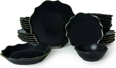 Zdjęcie produktu dla Zestaw naczyń obiadowych Keramika - Mat Black/Gold Romeo - 24 części - 6 nakryć - Naczynia gliniane