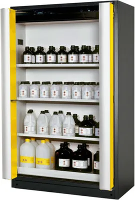 Produktbild von Transportabler Sicherheitsschrank Typ 90 - Falttüren - ca. 2 x 1,2 x 0,6 m (HxBxT) - 4 Fachböden - mit Lochblech - goldgelb - Edelstahl