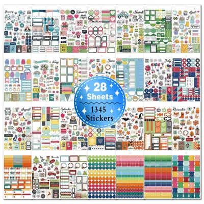 Imagen del producto de Pegatinas para Bullet Journal, 1345 unidades en 28 hojas, decoración colorida, para planificación