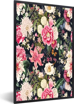 Produktbild von MuchoWow® MuchoWow® Gerahmtes Poster Blumen - Muster - Rosa 40x60 cm - Poster mit zchwarzem Bilderrahmen - Papierdruck - Wandbilder