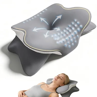 Image de Coussin cervical avec support 3D pour la nuque, en mousse à mémoire de forme, de couleur grise, avec housse lavable