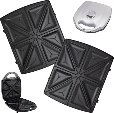 A collage of sandwich maker plates and the sandwich maker itself.