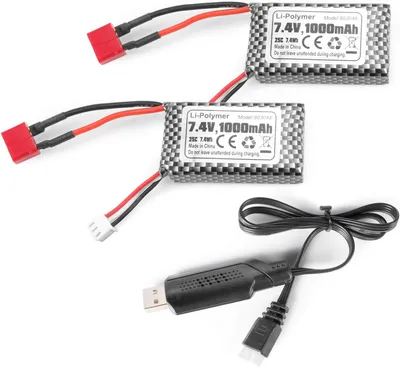 Produktbild von Set 2 LiPo-Batterien 7.4V 1000mAh T-Stecker | Kompatibel mit RC 18859 18858 Q902 35-DJ03 | Inklusive USB-Ladegerät, Silber
