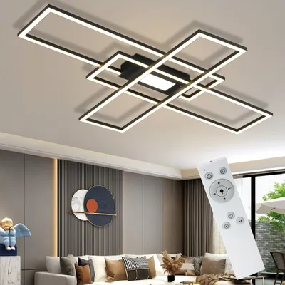 Image de ZMH, lampe plafonnier LED, 99x70x7 cm, variateur d'intensité, télécommande, 50W, éclairage de plafond moderne, design géométrique, idéale pour le salon, la cuisine, le couloir ou le bureau, couleur noire