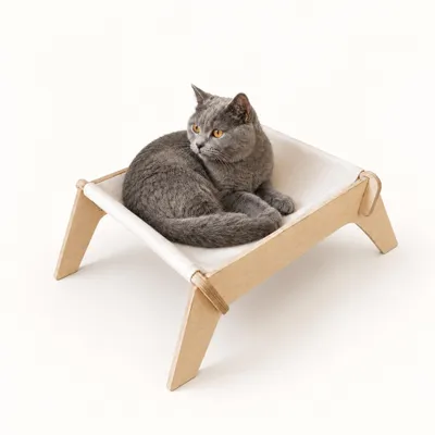 Image de Lit pour chat surélevé en bois avec hamac en coton lavable - Couchage pour chat, taille M 59,5 x 34,5 x 19 cm - Beige