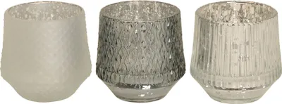 Produktbild von Windlicht Glas silber/grau 3fach sort. Teelichthalter Ø8cm H8cm Tischdeko Deko