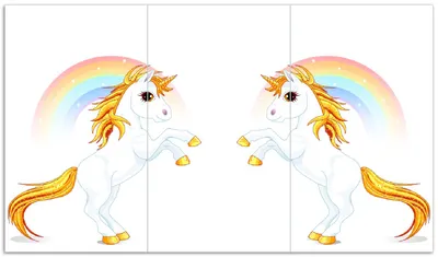 Produktbild von Wallario Herdabdeckplatte aus Glas, Größe 90 x 52 cm 3-teilig, Motiv Weißes Einhorn vor einem Regenbogen