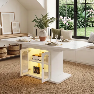Obrázek produktu pro Rozkládací jídelní stůl, rozměry 150/200 x 80 cm, vhodný pro 6–8 osob, s úložným prostorem, zesílená deska, LED osvětlení