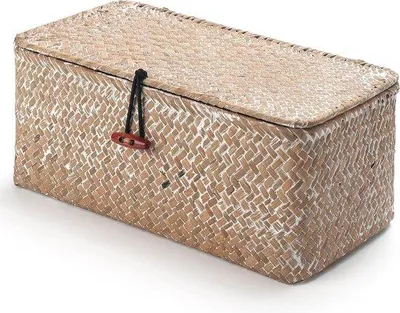 Produktbild von Naturkorb mit Deckel - Seegras Rattan - Natürliche Gewebte Rechteckige Organizer - Kleine Weißwäsche 26cm x 14cm x 11cm H