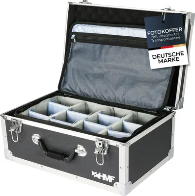 Produktbild von HMF Fotokoffer mit Schaumstoff, große Kameratasche mit variabler Facheinteilung für DSLR/Spiegelreflex & Fotozubehör, 48 x 32 x 22,5 cm, Schwarz