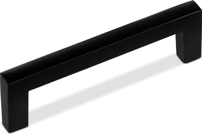 A black cabinet handle displayed on a white background.