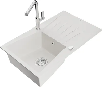 Produktbild von Mexen Cesar 1 Becken-Granitspüle mit Abtropffläche und Mischbatterie Flora, Weiß - 6514-20-670401-00
