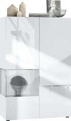 Produktbild von Vladon Vitrine Morena V2,  Germany, Standvitrine mit 2 Türen und Glaseinsatz, Korpus Weiß matt, Fronten Weiß Hochglanz, Cube Weiß Hochglanz  (91,5 x 136,5 x 37 cm)