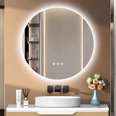 Produktbild von PESENXAN Runder Badspiegel mit Beleuchtung, 3 Lichtfarben, Dimmbar, Touch-Schalter, 70cm Badezimmer Spiegel mit Beleuchtung, Beschlagfrei, Speicherfunktion, LED Wandspiegel mit Licht