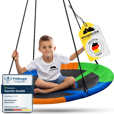 Produktbild von WOLKENGLÜCK® Nestschaukel [Ø 110 cm] - Höhenverstellbare Schaukel Outdoor & Indoor für Kinder und Erwachsene [belastbar bis 150 kg] - Tellerschaukel inkl. Montage-Zubehör - Schaukel Kinder (Bunt) bunt rund 110cm