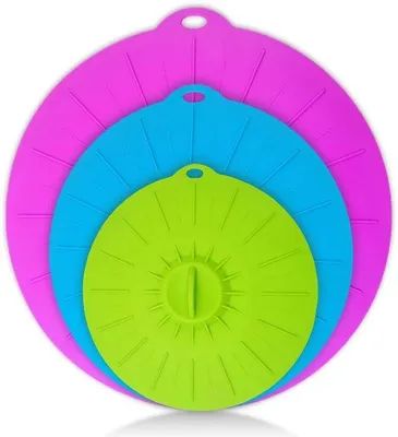 Produktbild von Ibenzoa® Wiederverwendbare Silikon-Abdeckungen 3er-Set – Deckel für Töpfe, Pfannen, Schüsseln & Becher, lila 26×25 cm / blau 21×20 cm / grün 16×15 cm, -40–230 °C