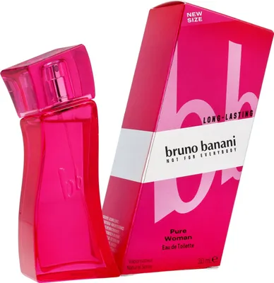 A bottle of Bruno Banani Pure Woman Eau de Toilette and its packaging are displayed against a white background.